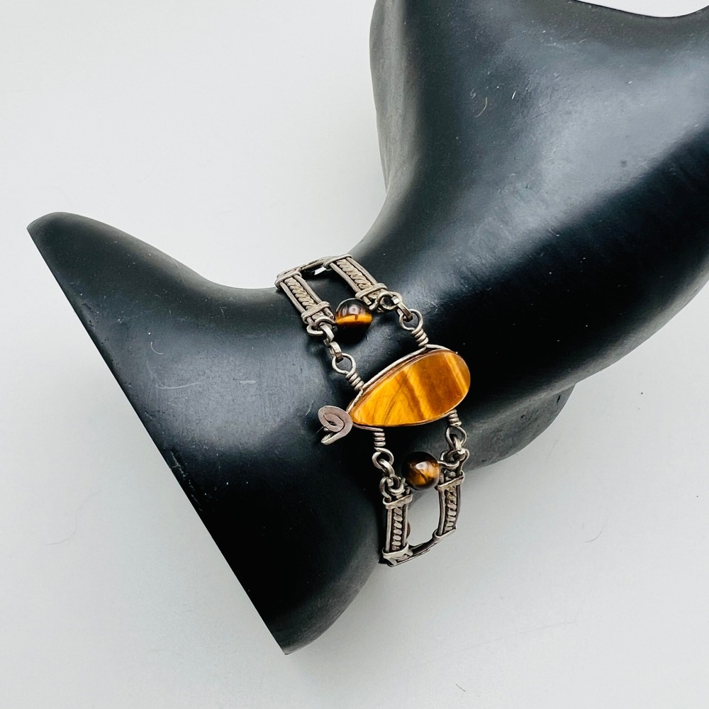 Vintage Artisan Tiger's Eye Bracelet Wire Wrapped Link Silver Tone 6.5 Inch